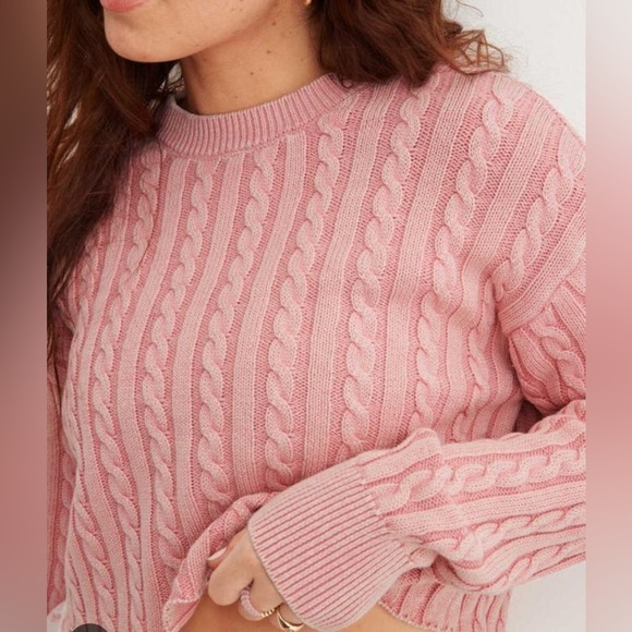 AERIE Medium Crop Cable Knit Sweater Pink Crewneck Long sleeve - Picture 1 of 11